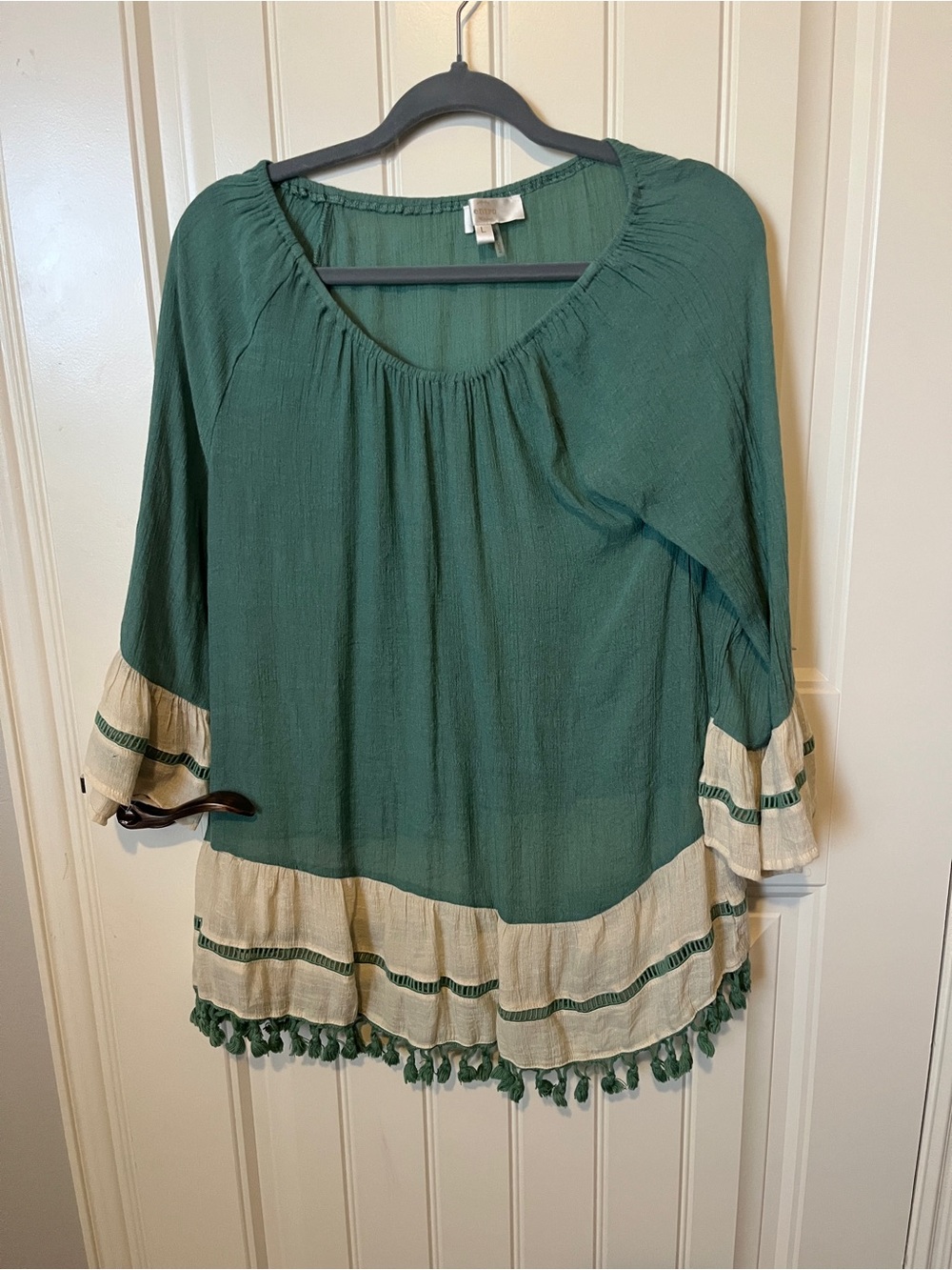 entro Green Peasant Tunic with Cream Trim and Tassels